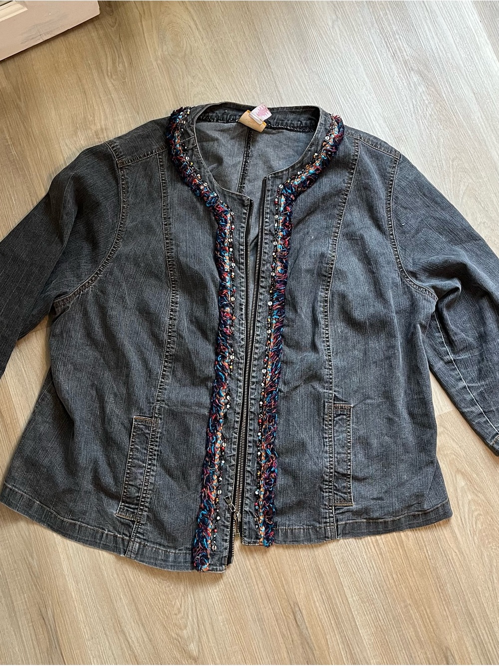 Womens Vintage Ruby Rd. Woven Colorful - Trim Dark Gray Denim Jean Jacket